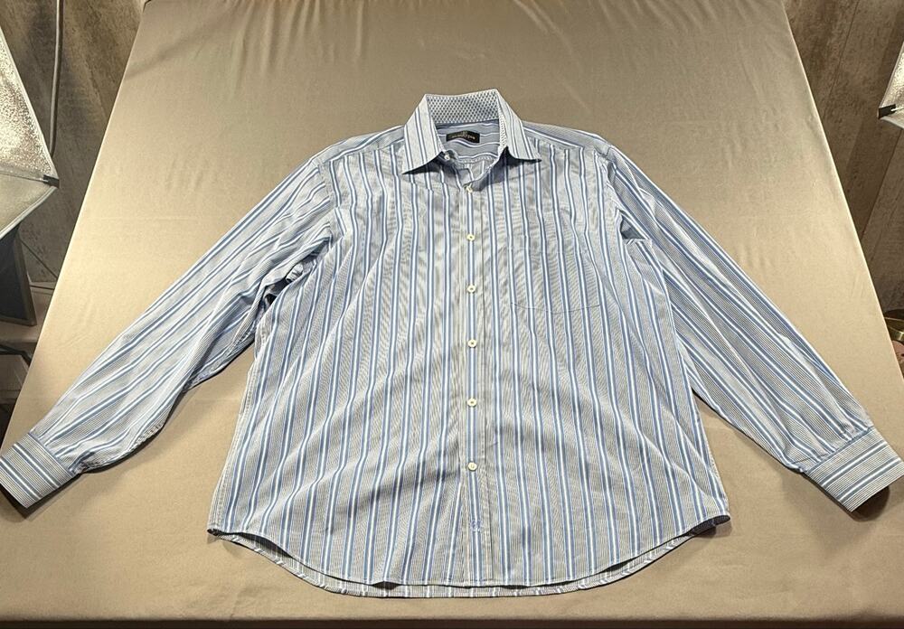 Bugatchi Uomo Mens XL Blue White Striped Dress Shirt Long Sleeve Button Front